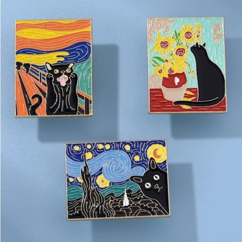 Set of 3 Artsy Black Cat Enamel Gold Metal Pins Van Gogh Artist Parody Cats Gift